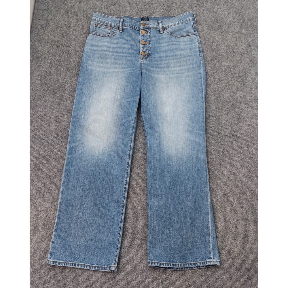 J CREW Jeans Womens 32 Blue Full Length Wide Leg Button Fly Medium Wash Stretch